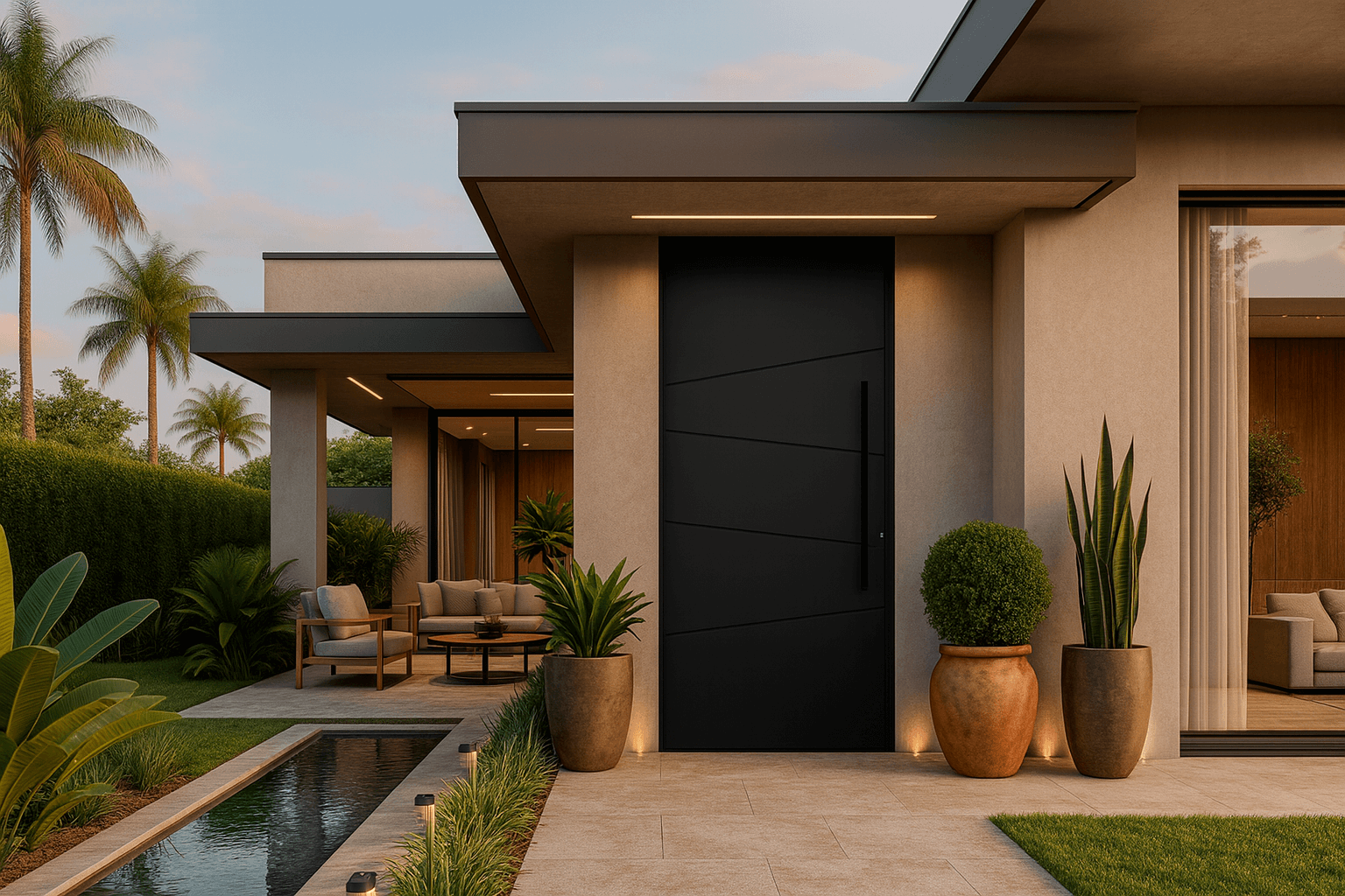 Modern architectural home with contemporary design, featuring clean lines and tropical landscaping